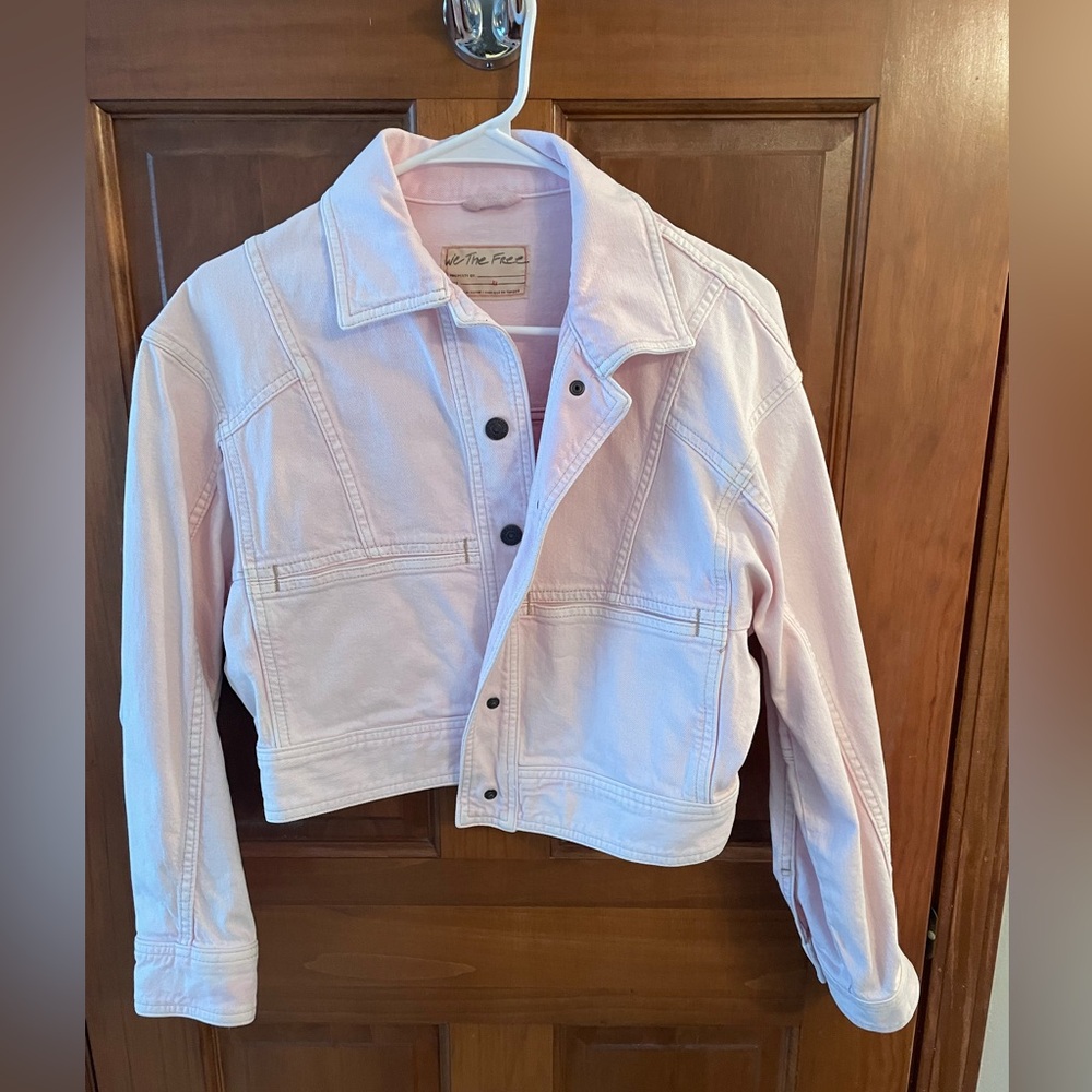 We The Free Pink Cropped Jean Jacket with Textured Fabric